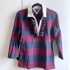 Tommy Hilfiger Rugby Polo Shirt Women’s M Ruffles Red Blue Striped 3/4 Sleeve